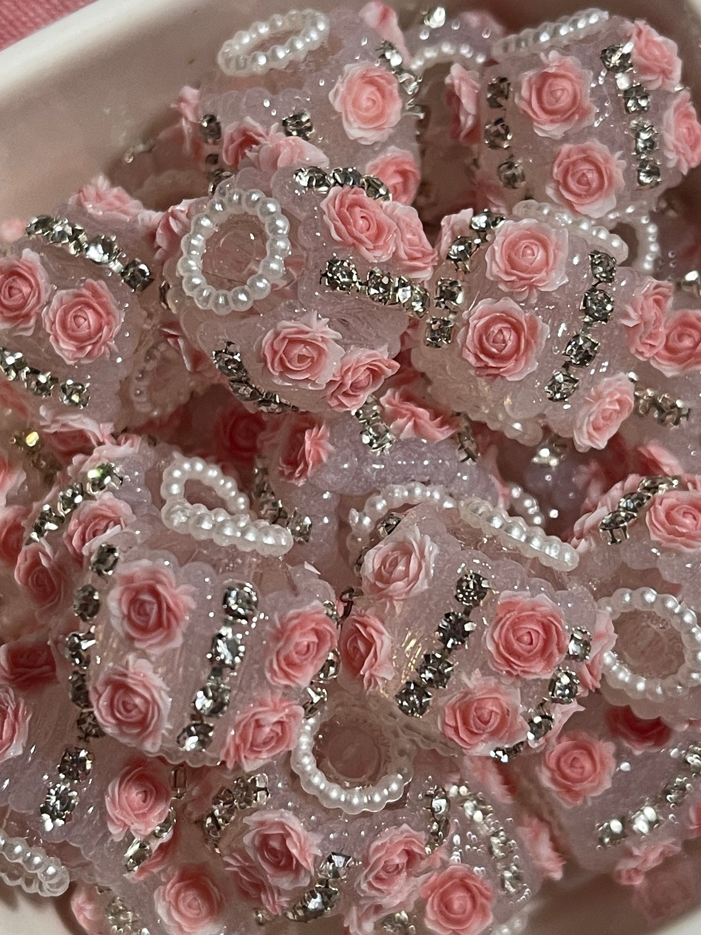 6pcs Fancy Pink Roses & Rhinestone beads for pens DIY