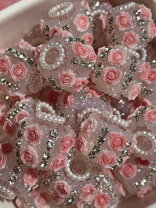 6pcs Fancy Pink Roses & Rhinestone beads for pens DIY