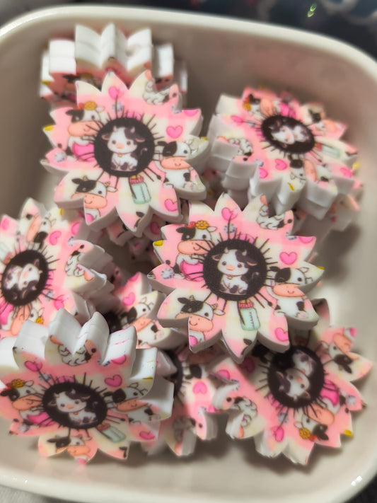 Pink Flowers With Baby Cow